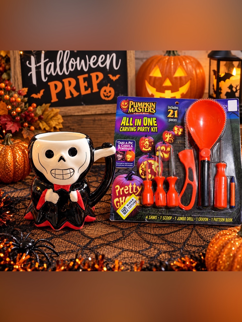 Skeleton Themed Black and White Mug and Pumpkin Master carving set